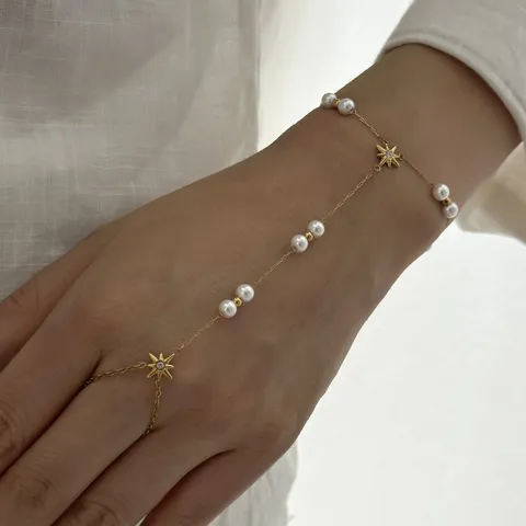 Bracelet Bague Intégré en Acier Inoxydable Élégant Plaqué Or Avec Strass Perle Artificielle Étoile Pendentif Bijoux pour Femmes