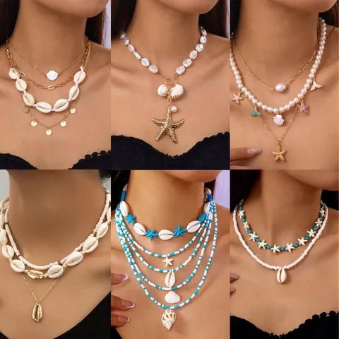 Bohemian Layered Shell Choker Necklace Set For Women Electroplated Alloy Starfish Sea Turtle Bead Pendant Coastal Vacation Necklaces Jewelry Gift