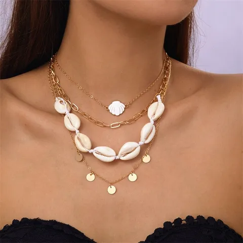 Bohemian Layered Shell Choker Necklace Set For Women Electroplated Alloy Starfish Sea Turtle Bead Pendant Coastal Vacation Necklaces Jewelry Gift