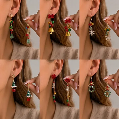 Christmas Flower Tree Star Drop Earrings Alloy Rhinestone Jingle Bell Long Tassel Earrings Festive Jewelry For Party Women