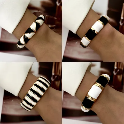 Vintage Black White Enamel Bangle Bracelet Gold Plated Alloy Geometric Rhinestone Artificial Pearl Bangle For Women Fashion Jewelry