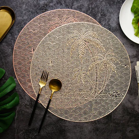 Nordic Style Hollow Bronzing PVC Placemat Coaster Tropical Coconut Tree Pattern Washable Heat Insulation Dining Mat