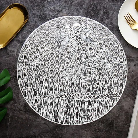 Nordic Style Hollow Bronzing PVC Placemat Coaster Tropical Coconut Tree Pattern Washable Heat Insulation Dining Mat