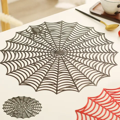 Halloween Spider Web Placemat PVC Hollow Out Round Table Mat Coaster Table Runner Festive Party Decor