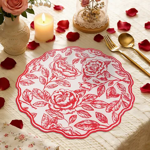 Waterproof Anti Slip PVC Placemat Round Embossed Rose Flower Heat Insulation Dining Table Mat Valentine Day Plate Pad