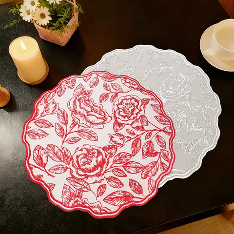 Waterproof Anti Slip PVC Placemat Round Embossed Rose Flower Heat Insulation Dining Table Mat Valentine Day Plate Pad