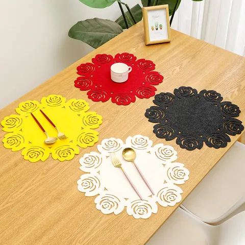 Nordic Hollow Out Rose Flower Placemat Felt Heat Resistant Table Mat Modern Minimalist Dining Table Decor