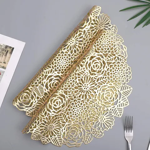 PVC Rose Hollow Hot Stamping Placemat Heat Insulating Oil Proof Washable Table Mat Coaster Home Dining Decor