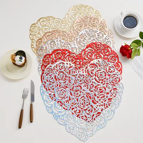 PVC Placemat Hollow Heart Rose Table Mat Waterproof Heat Resistant Nordic Style Table Decoration for Dining Room Kitchen