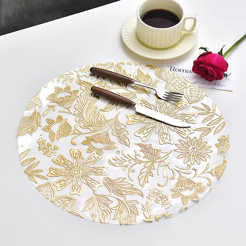 Nordic Round PVC Place Mat Waterproof Heat Insulating Table Mat Hot Stamping Tulip Pattern Dining Table Decor