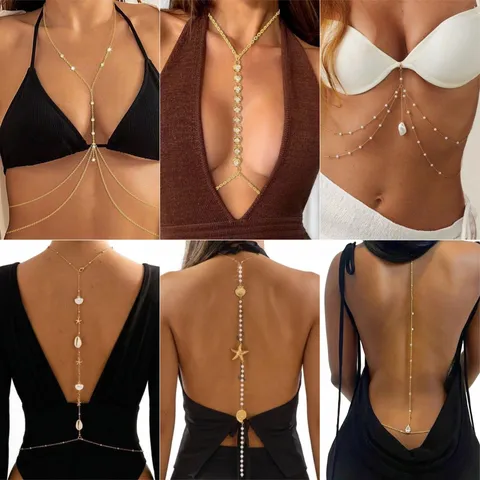 Bohemian Alloy Rhinestone Body Chain Sexy Ocean Shell Tassel Back Chain Waist Harness Necklace For Women Beach Party Gift