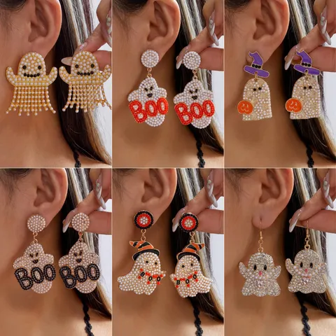 Halloween Geist Strass Quaste Ohrringe Für Damen Feiertag Party Legierung Künstliche Perle Ohrhänger Hexe Kürbis Schmuck Geschenk