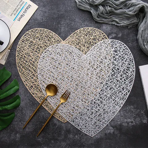 Nordic Hollow PVC Love Heart Placemat Waterproof Non Slip Heat Insulated Bronzing Table Mat Coaster For Dining Table