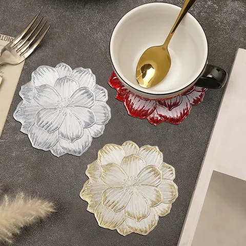 Nordic Style PVC Rose Flower Placemat Gold Stamped Waterproof Oil-Proof Heat Insulation Coaster Dining Table Mat