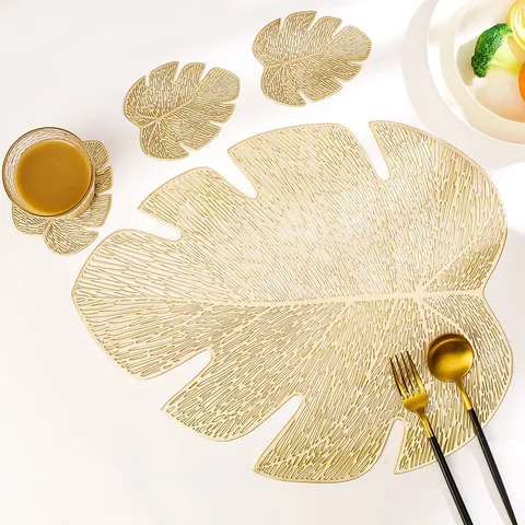 PVC Hollow Gold Stamping Banana Leaf Place Mat Heat Insulating Non Slip Dining Table Placemat Coaster Kitchen Decor