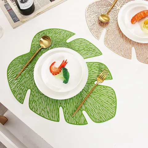 PVC Hollow Gold Stamping Banana Leaf Place Mat Heat Insulating Non Slip Dining Table Placemat Coaster Kitchen Decor