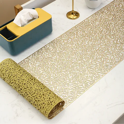 PVC Gold Stamping Hollow Floral Table Runner Non-Slip Heat Insulation Table Mat For Dining Room Home Decor