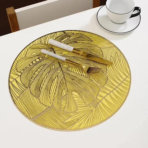 Waterproof Monstera Leaf PVC Gold Stamping Placemat Heat Insulated Washable Table Mat For Home Kitchen Dining