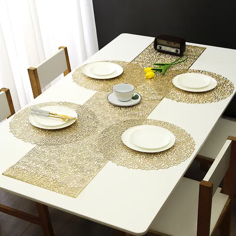 PVC Gold Stamping Hollow Floral Table Runner Non-Slip Heat Insulation Table Mat For Dining Room Home Decor