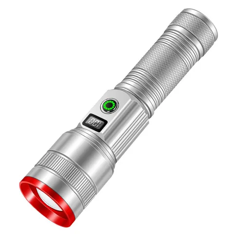Lampe de Poche LED Rechargeable Haute Puissance Extérieure Laser Blanc Éclairage d'Urgence Torche Portable en Alliage d'Aluminium Argenté