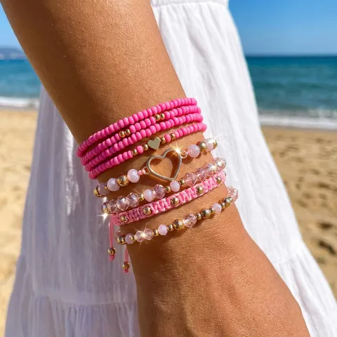 10 Stück Herz Rosa Samen Perlen Armband Set Für Damen Goldfarben Strass Verstellbar Stapelbarer Boho Schmuck Valentinstag Geschenk