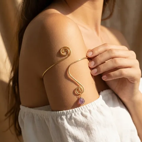 Ethnic Geometric Metal Spiral Open Arm Cuff For Women Minimalist Gold Plated Rhinestone Leaf Armlet Upper Arm Bracelet Jewelry