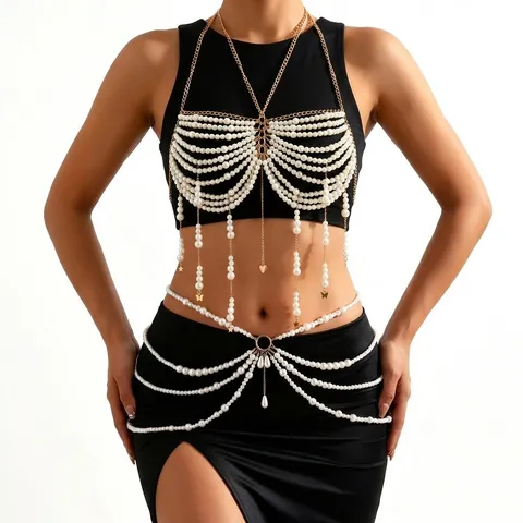 European Bikini Beach Artificial Pearl Body Chain Gold Alloy Tassel Seahorse Heart Pendant Chest Waist Chain Jewelry For Women