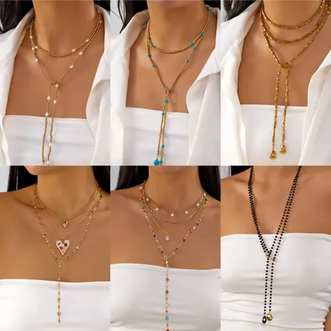 Bohemian Alloy Multilayer Long Lariat Necklace For Women Y-Shaped Tassel Heart Geometric Pendant Artificial Pearl Rhinestone Sweater Chain Fashion Jewelry