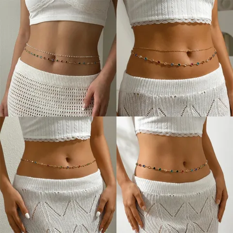 Bohemian Beach Multi-Layer Waist Chain Metallic Tassel Sequin Body Chain Colorful Rhinestone Artificial Pearl Body Jewelry For Women Vacation Party