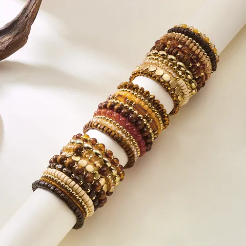 Bohemian Multilayer Stacking Beaded Bracelet Set Handmade Wood Glazed Beads Natural Stone Elastic Rope Beach Ethnic Jewelry