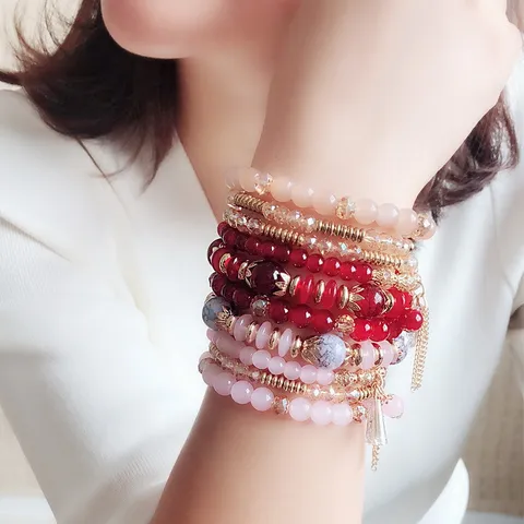 Set de Brazaletes de Cuentas Multicapa Boho para Mujer Exótico Colorido Resina Cristal Hilos Borla Joyería Elástica