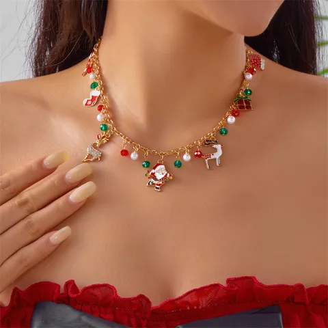 Weihnachten Legierung Halskette Für Damen Weihnachtsmann Rentier Schneemann Anhänger Künstliche Perle Strass Inlay Schmuck