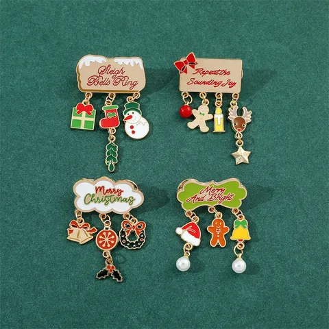 Cute Zinc Alloy Christmas Enamel Brooch Cartoon Snowman Gingerbread Man Multi Pendant Artificial Pearl Clothes Pin Holiday Festive Jewelry Gift For Women