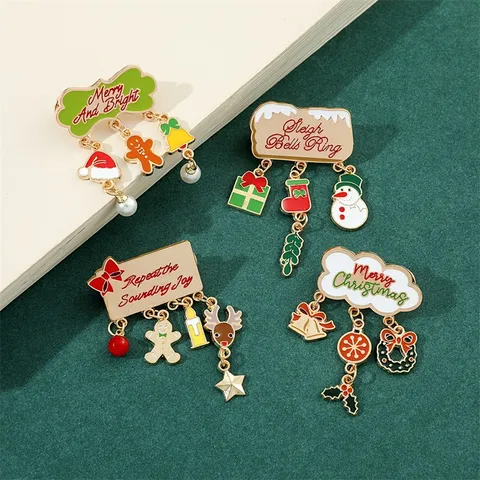 Cute Zinc Alloy Christmas Enamel Brooch Cartoon Snowman Gingerbread Man Multi Pendant Artificial Pearl Clothes Pin Holiday Festive Jewelry Gift For Women