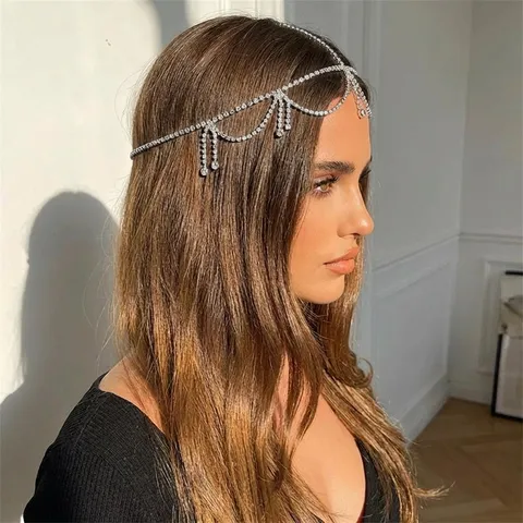 Tocado de Cadena de Pelo Bohemio de Aleación con Strass Multicapa Cadena de Frente Colgante de Borla Exótica para Fiesta Boda Mujer Joyería