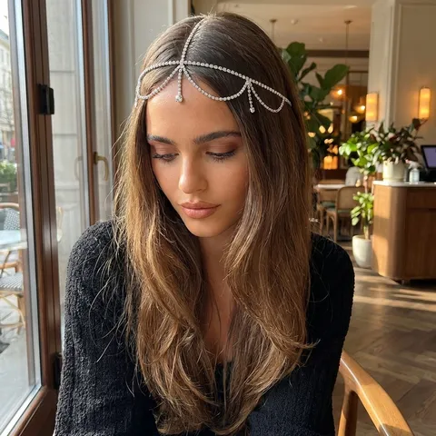 Tocado de Cadena de Pelo Bohemio de Aleación con Strass Multicapa Cadena de Frente Colgante de Borla Exótica para Fiesta Boda Mujer Joyería