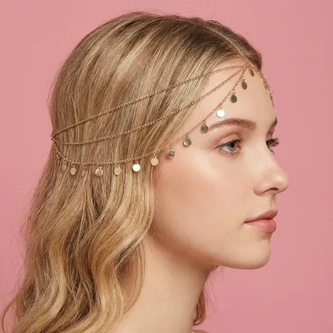 Chaîne de Cheveux Bohème Dorée en Couches avec Glands de Disque Rond Coiffe Femme Bijoux de Mariage Fête Chaîne de Tête Exotique