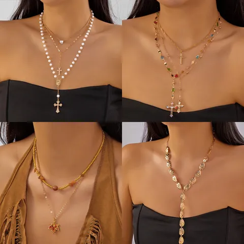 Böhmische Legierung Künstliche Perle Strass Kreuz Anhänger Mehrlagige Lange Y-Förmige Quasten Halskette Für Damen Modeschmuck