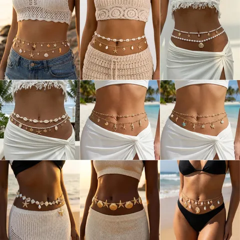 Bohemian Resort Style Shell Starfish Waist Chain For Women Gold Silver Alloy Body Chain Summer Beach Pearl Tassel Belly Chain Jewelry