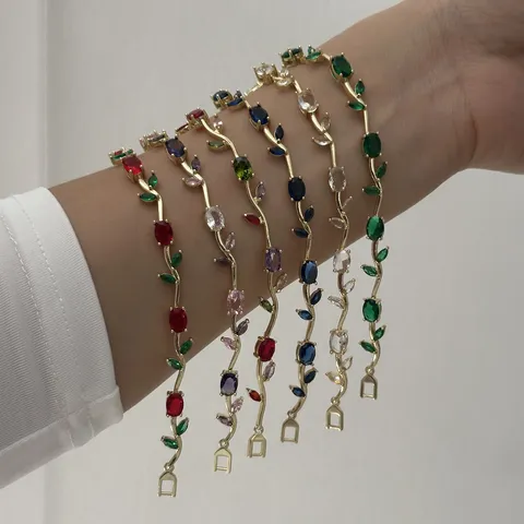 Elegant Copper Gold Plated Tulip Leaf Bracelet For Women Multi Color Zirconia Inlaid Adjustable Fashion Jewelry Flower Wrist Accessory