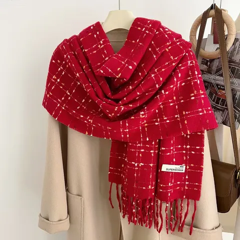 Vrouwen Herfst Winter Warme Ruitjes Kwastje Sjaal Koreaanse Stijl Lange Sjaal Veelzijdig Zacht