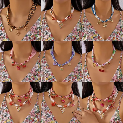Fashion Scarf Necklace Satin Fabric Alloy Pendant Bohemian Floral Leopard Print Heart Fruit Choker Handmade Jewelry For Women
