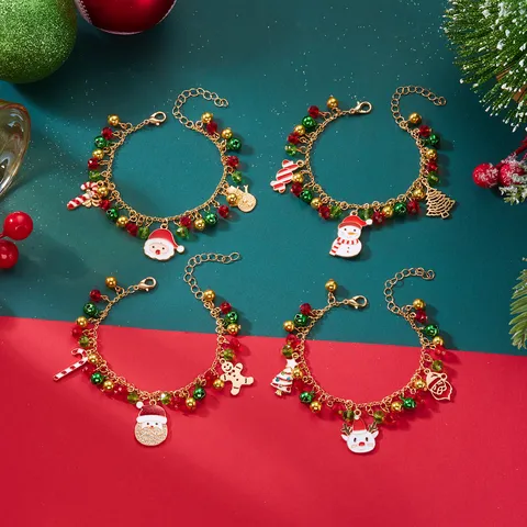 Christmas Pendant Necklace Bracelet Set Alloy Rhinestone Santa Claus Gingerbread Man Candy Cane Beads Jewelry Women Xmas Party