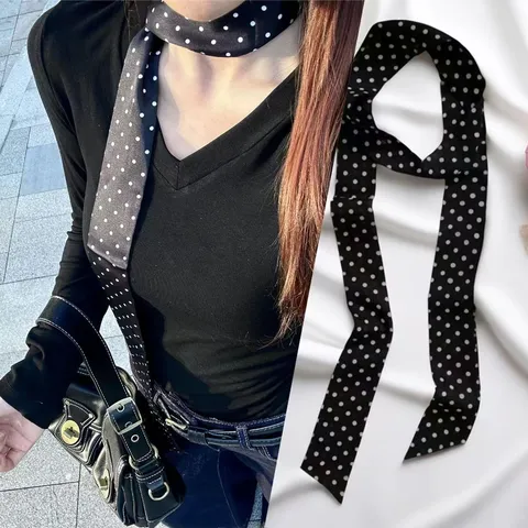 Dames Mode Satin Sjaal Lange Polka Dot Hals Sjaal Elegante Handtas Lint Haarband Multifunctionele Decoratieve Accessoire