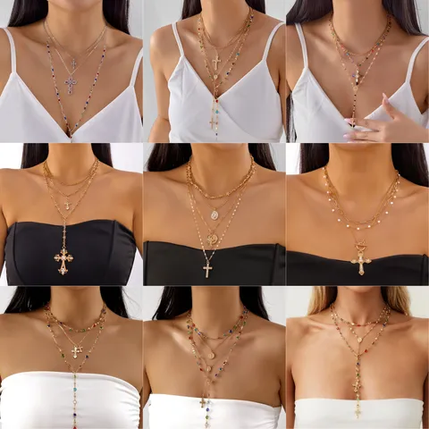 Layered Cross Pendant Necklace Alloy Rhinestone Multi Layer Chain Sweater Necklace For Unisex Party Jewelry Gift