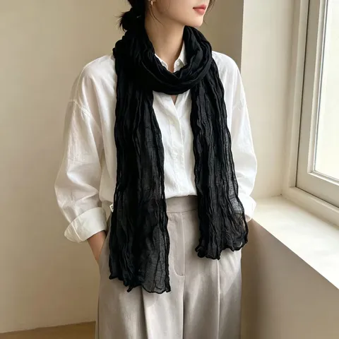 Dames Casual Effen Geplooide Sjaal Lichtgewicht Lange Zachte Sjaal Mode Veelzijdige Halssjaal Omslagdoek