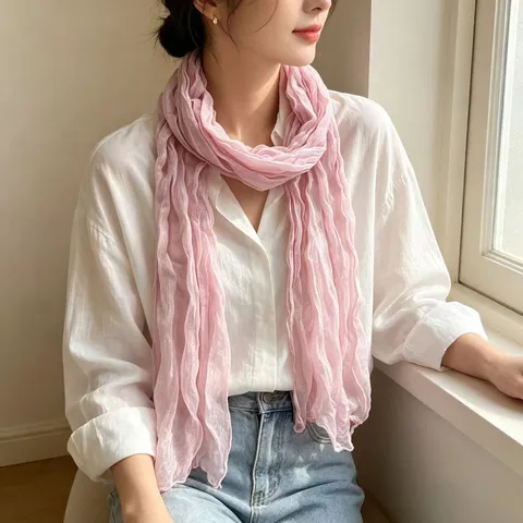 Dames Casual Effen Geplooide Sjaal Lichtgewicht Lange Zachte Sjaal Mode Veelzijdige Halssjaal Omslagdoek