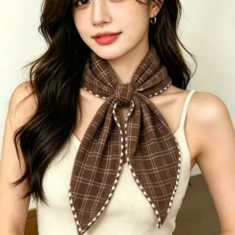 Women's Plaid Triangle Scarf College Style Soft Brushed Warm Neck Scarf Lace Trim Daily Scarf