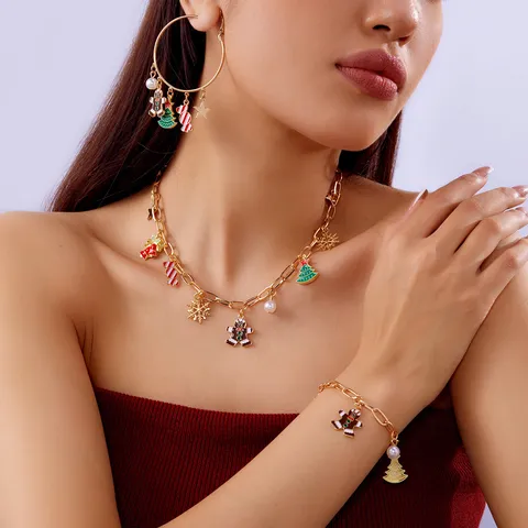 Christmas Festive Alloy Enamel Rhinestone Jewelry Set For Women Cute Santa Claus Snowflake Gingerbread Man Pendant Necklace Bracelet Hoop Earrings Holiday Decoration Gift