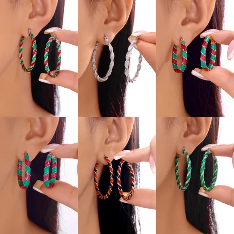 Orecchini a Cerchio Attorcigliati di Natale per Donna Orecchini a Cerchio a Spirale con Smalto Glitter in Lega Rossi Verdi Gioielli per Feste Festive Regalo